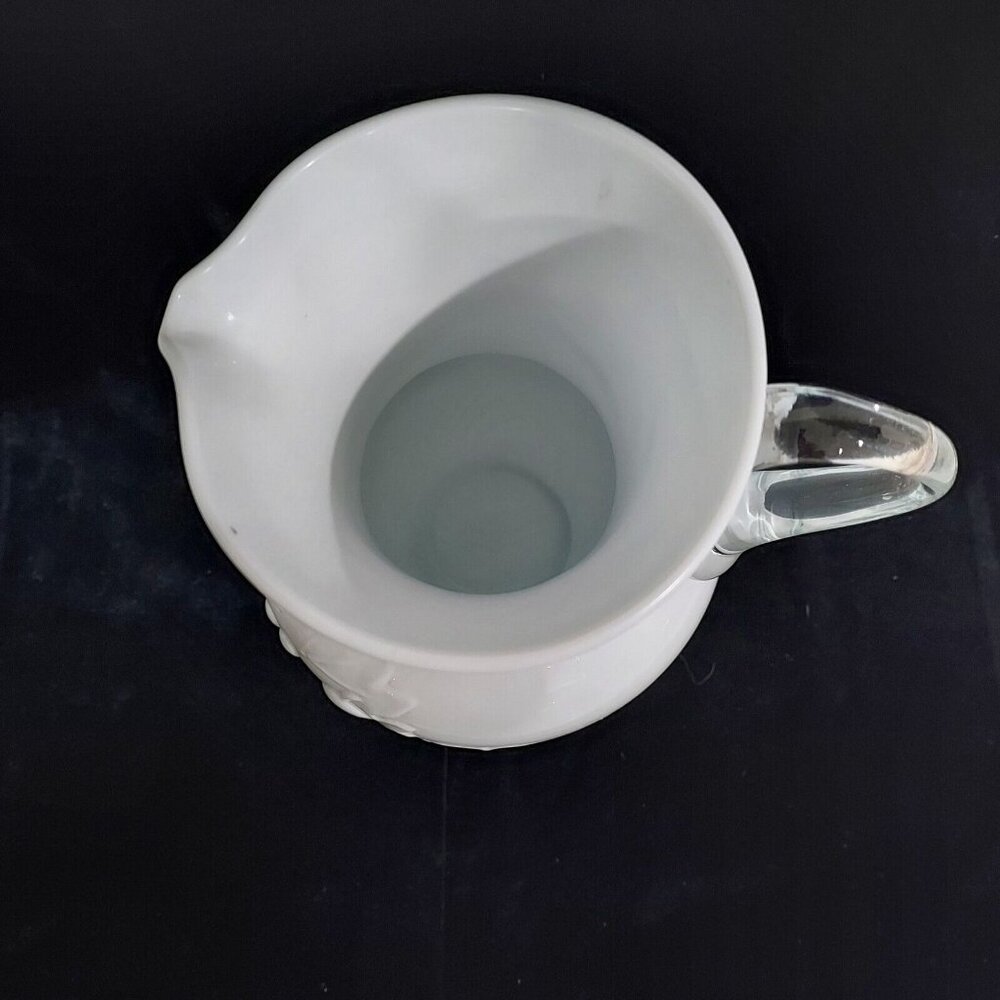 Antique Milk Glass Pitcher Applied Clear Handle Cottage Core Embossed Fruit - Picture 9 of 10